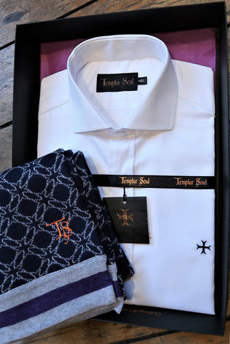 PROMOTION - Coffret chemise oxford royal bleu ou blanc et écharpe classique