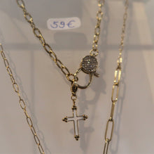 Collier en inox doré avec mousqueton en cristaux  Swarovski et breloque croix - NEW