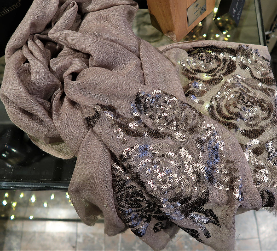 Echarpe beige-taupe laine et soie à sequins bronze de marque 
