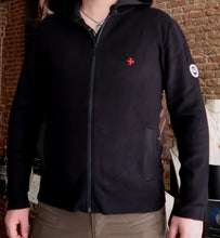 Gilet noir 85% coton zippé à capuche avec croix rouge brodée - NEW