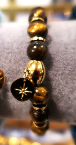 Bracelet de pierres œil de tigre et breloque dorée - NEW
